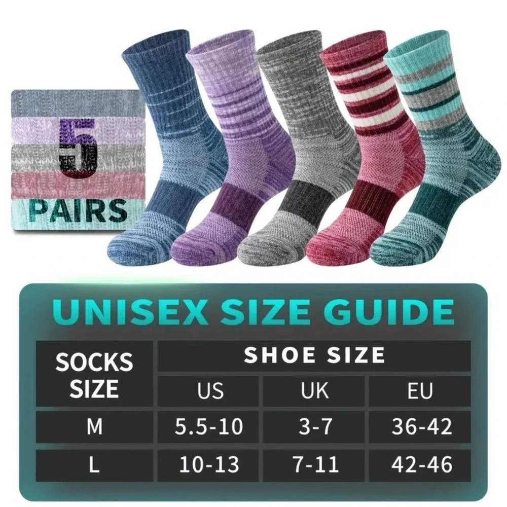 Unisex Merino 70% Wool Mid-Crew Anti-Blister Hiking Socks Large Multi Colors 5pk
